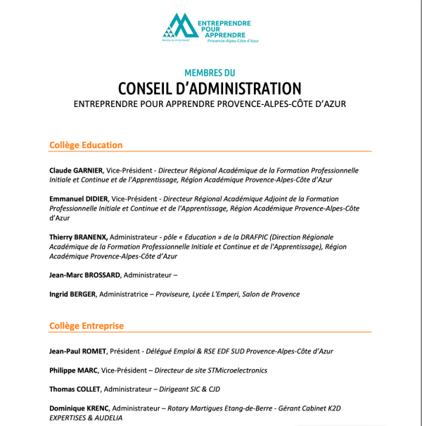 Membres du CA Entreprendre Pour Apprendre PACA